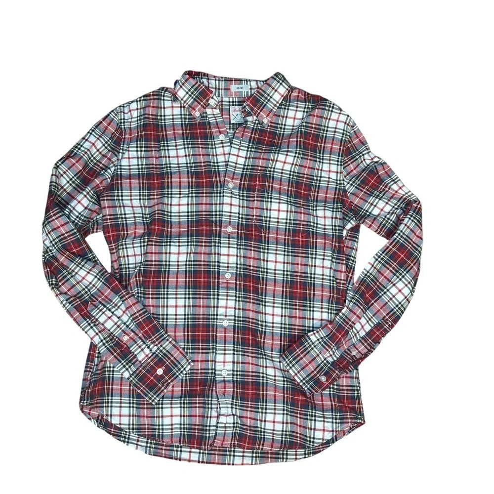 J.Crew Broken-In Oxford Slim Fit Plaid Shirt Red Navy White Tartan Men’s M